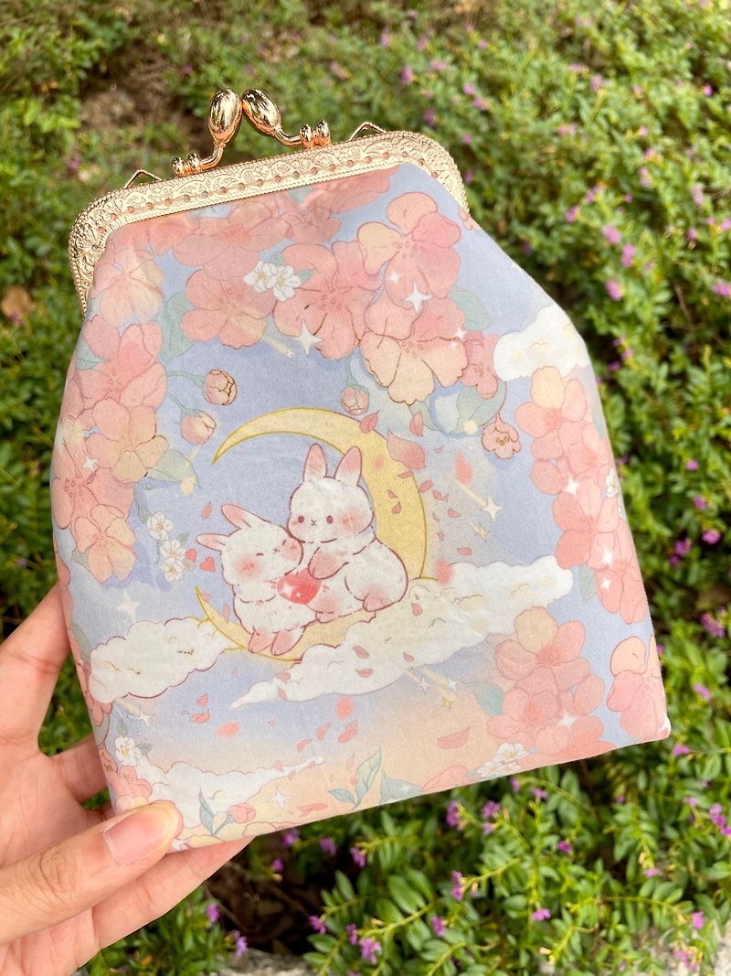 Mid-Autumn Festival Selected Pink Pink Blue Peach Blossom Moon Rabbit Mini Gold Phone Bag - กระเป๋าแมสเซนเจอร์ - ผ้าฝ้าย/ผ้าลินิน 