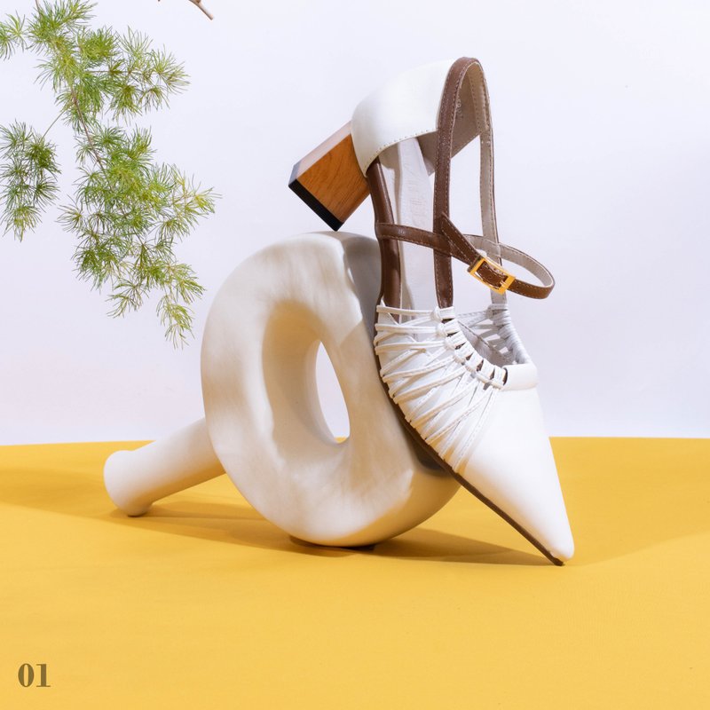 LeatherLab 尖頭綁繩木跟高跟鞋 - 高踭鞋 - 真皮 黑色