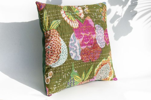 omhandmade 花朵刺繡抱枕套 純棉抱枕套 民族風抱枕套-法式風 抹茶綠花朵森林