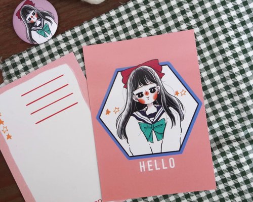 小安弟 明信片 水手服少女-紅色蝴蝶結
