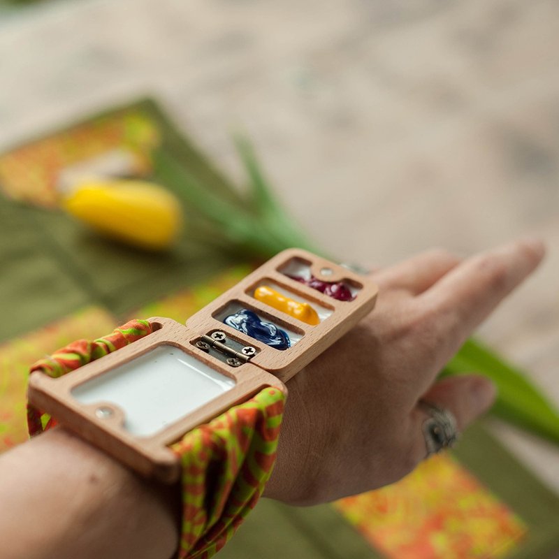 The wrist palette 3 wells, portable wooden palette, tiny palette - Bracelets - Wood Brown