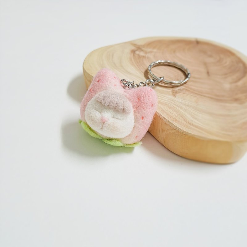 wool felt strawberry wrapped in a cat head keychain - Keychains - Wool Pink