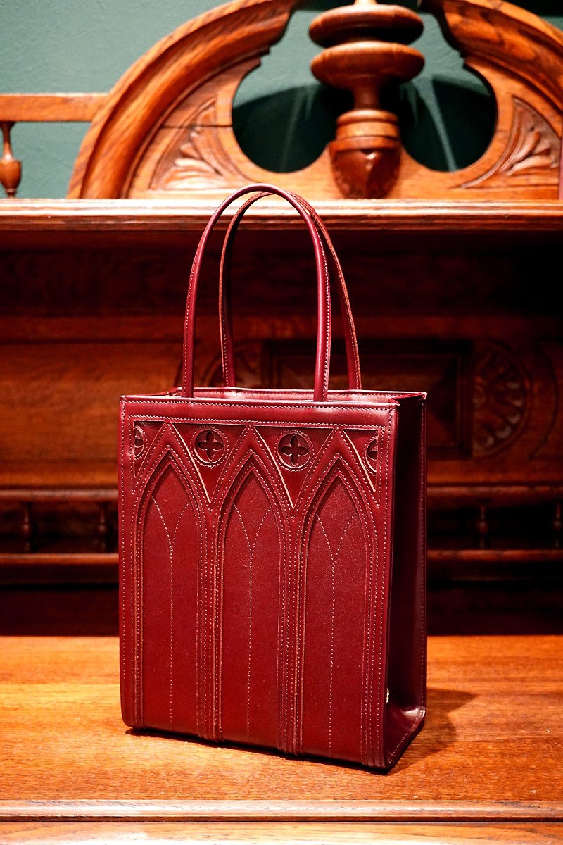 カテドラルバッグ1C ボルドー　中世ヨーロッパのゴシック建築　gothic architecture cathedral bag bordeaux - 手提包/手提袋 - 真皮 紅色