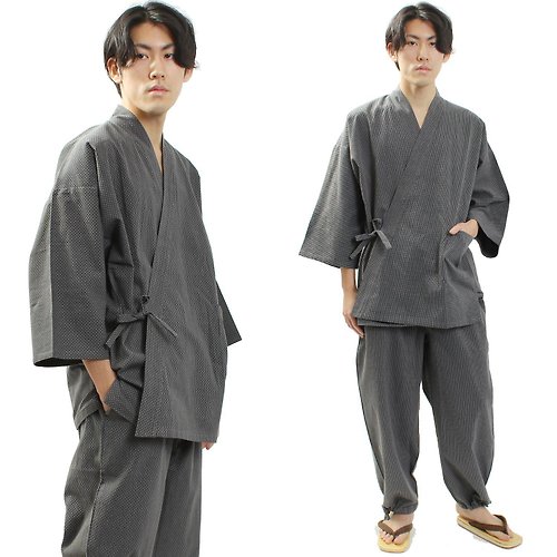 fuukakimono 日本 和服 綿 作務衣 居家服 套裝 Sashiko 工藝 M L LL 深灰