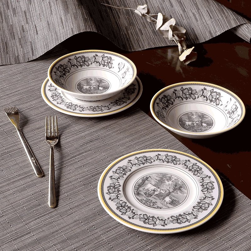 De VB │Oton series combination-double bowl and plate 4-piece set (2 styles optional) - Plates & Trays - Porcelain Yellow
