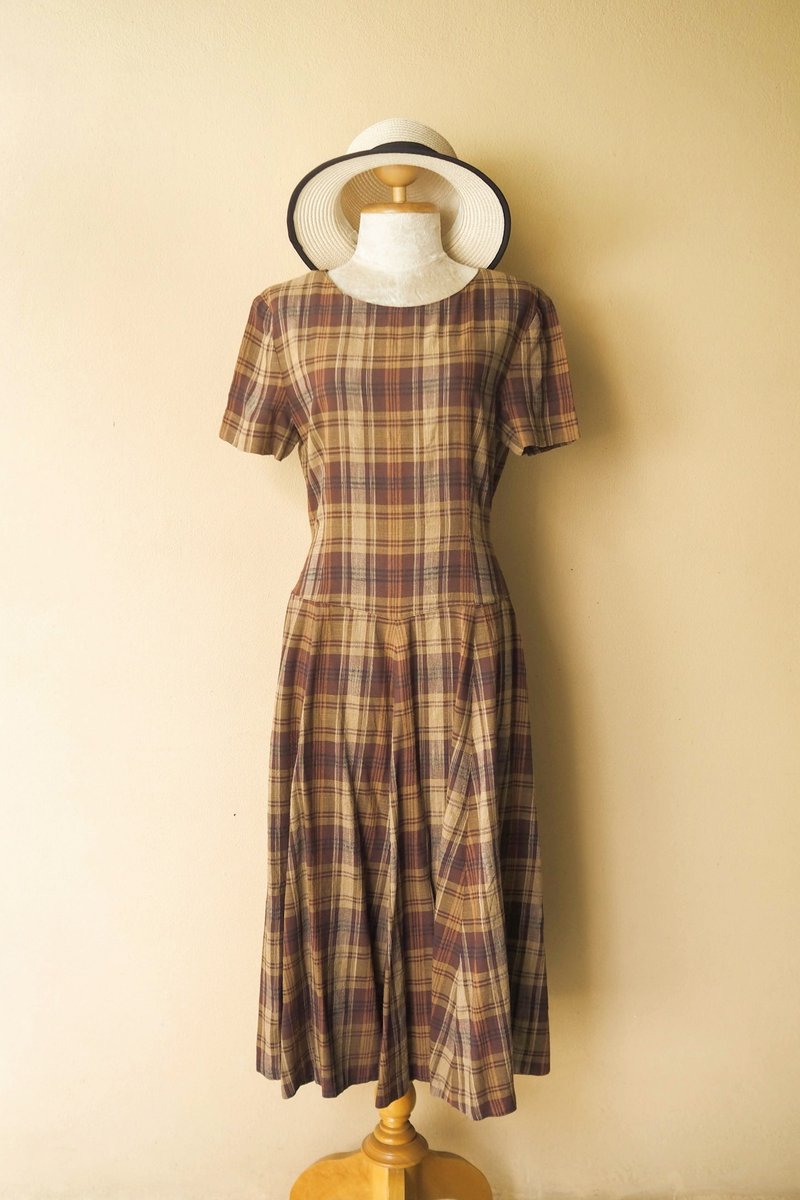 Vintage Dress Plaid woven fabric with drop waist princess skirt and big cute Bow - One Piece Dresses - Polyester Brown