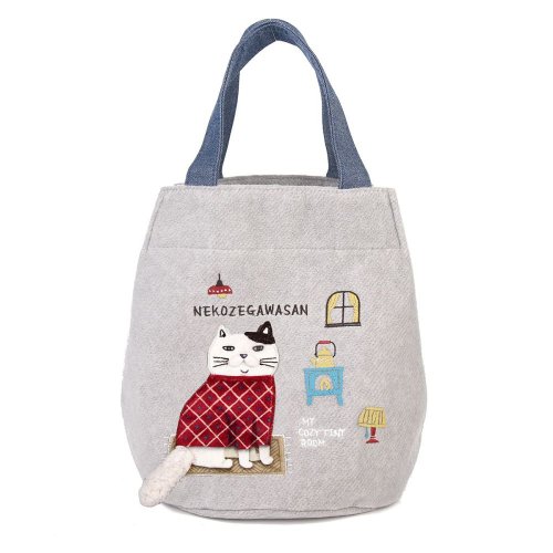 Kusuguru Japan Kusuguru Japan 抓絨質感圓底手提包 立體尾巴刺繡圖案水桶包 -灰