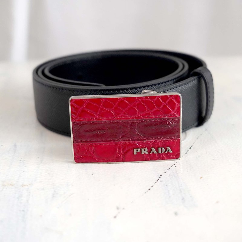 PRADA 黑色真皮牛皮拼紅色鱷魚皮帶銀扣 西裝上班服皮帶腰帶 80CM - 腰帶/皮帶 - 真皮 黑色