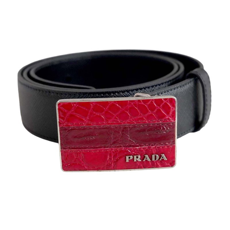 PRADA 黑色真皮牛皮拼紅色鱷魚皮帶銀扣 西裝上班服皮帶腰帶 80CM - 皮帶/腰帶 - 真皮 黑色