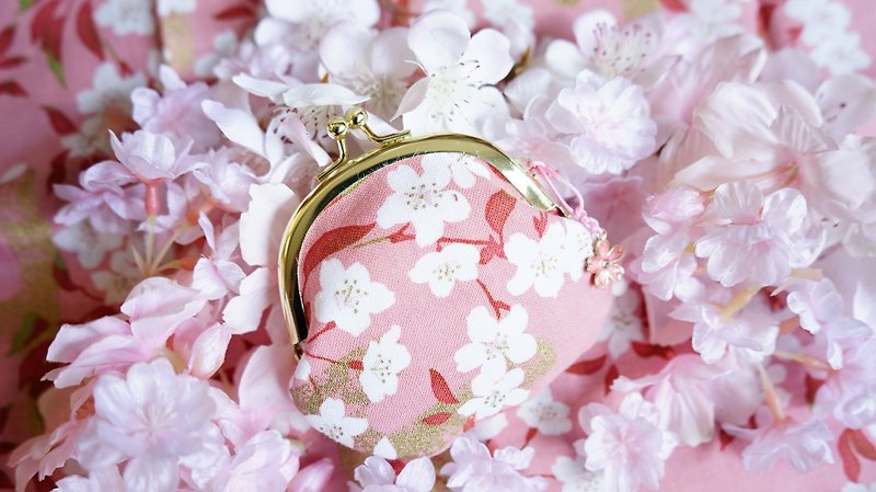 甜美山櫻小口金包+櫻花吊飾 - 散紙包 - 棉．麻 粉紅色