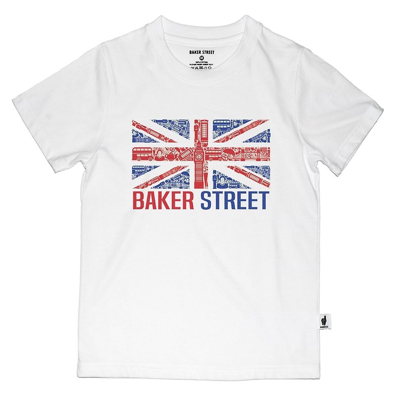 British Fashion Brand -Baker Street- Union Jack Printed T-shirt for Kids - เสื้อยืด - ผ้าฝ้าย/ผ้าลินิน ขาว