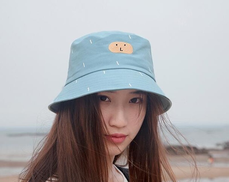 YIZISTORE cotton canvas printing embroidery fisherman hat men and women casual short-brimmed sun hat flat top - pink face - หมวก - ผ้าฝ้าย/ผ้าลินิน สีน้ำเงิน