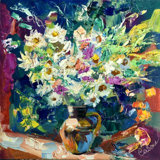 Daisy Painting Flower Original Art Bouquet Artwork Impasto Floral Impressionism