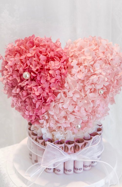 OWN Flower花藝設計 粉紅愛心蛋糕花/鈔票蛋糕/有錢花/錢花蛋糕/生日禮物/永生蛋糕花