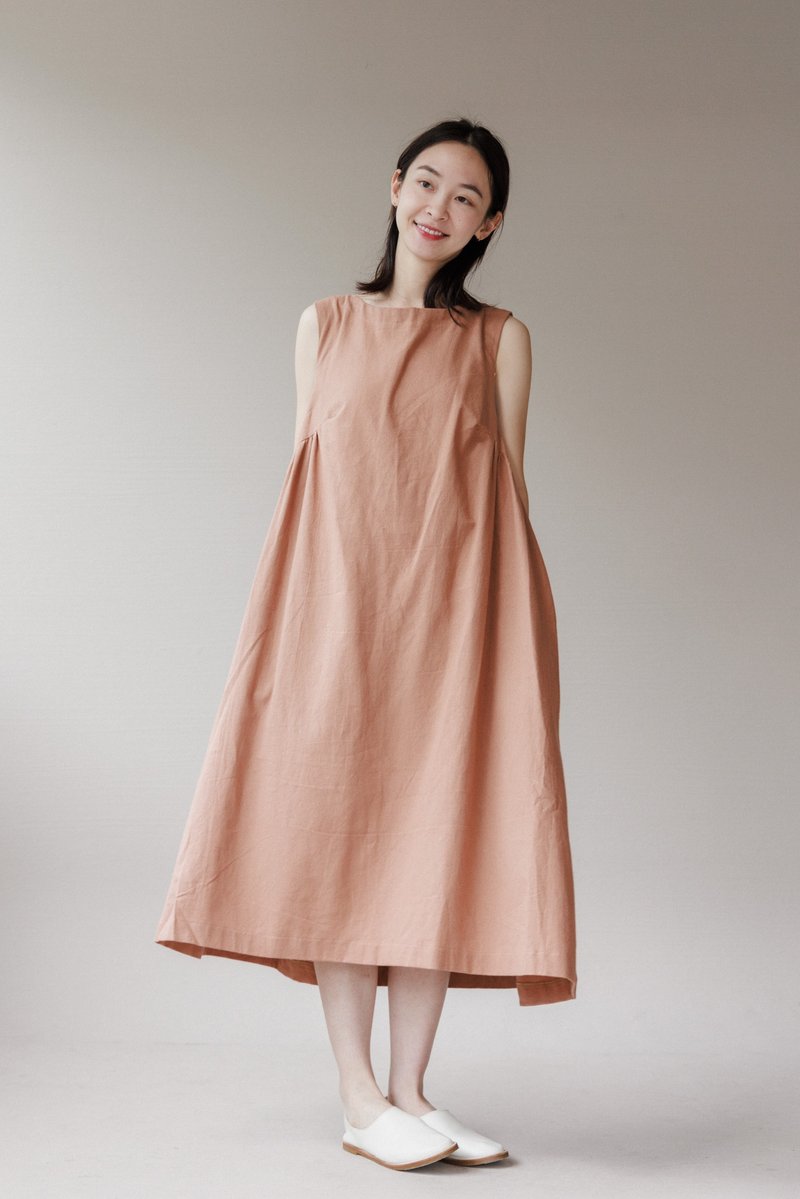 Pure cotton sleeveless dress_pink orange - ชุดเดรส - ผ้าฝ้าย/ผ้าลินิน สึชมพู