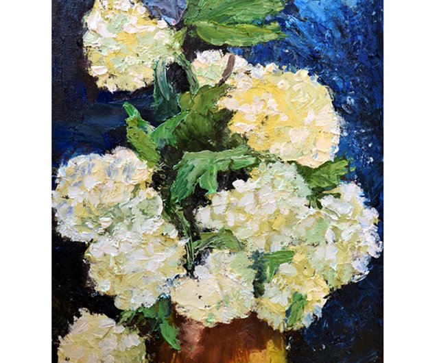原画　油絵　白い紫陽花 アジサイアート オリジナル花の絵画 白いアジサイのアートワーク