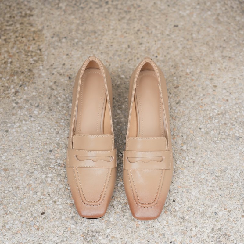 Neat square toe - thick mules with high heels - apricot - รองเท้าอ็อกฟอร์ดผู้หญิง - หนังแท้ สีนำ้ตาล