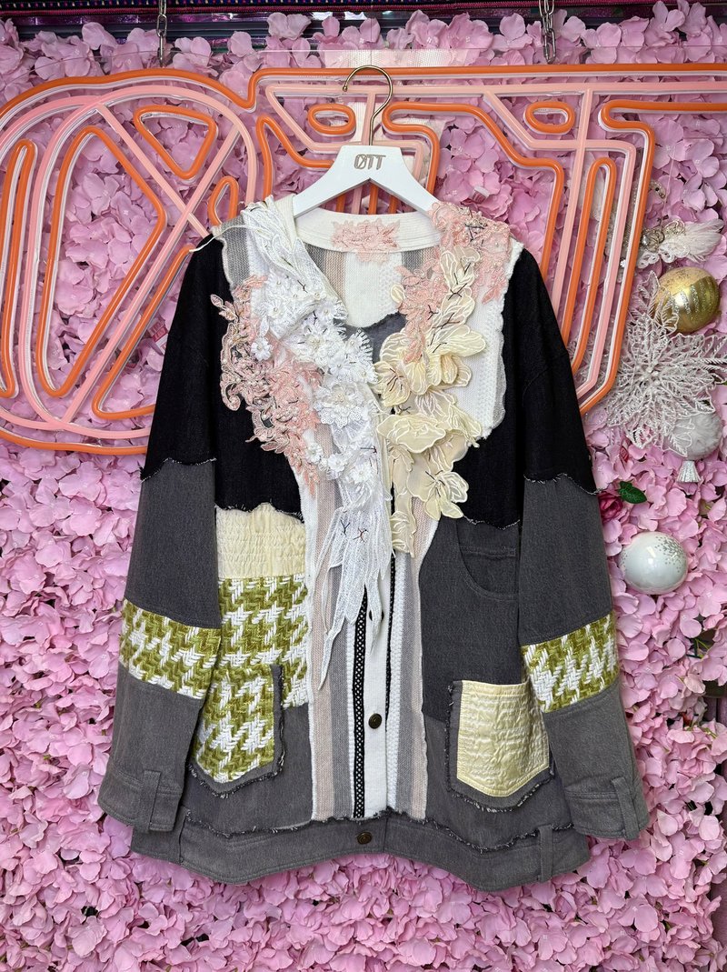 OTT One-of-a-Kind • Unique Japanese Style 3D Embroidered Lace Beaded Tweed Jacket - เสื้อแจ็คเก็ต - ขนแกะ สีเขียว