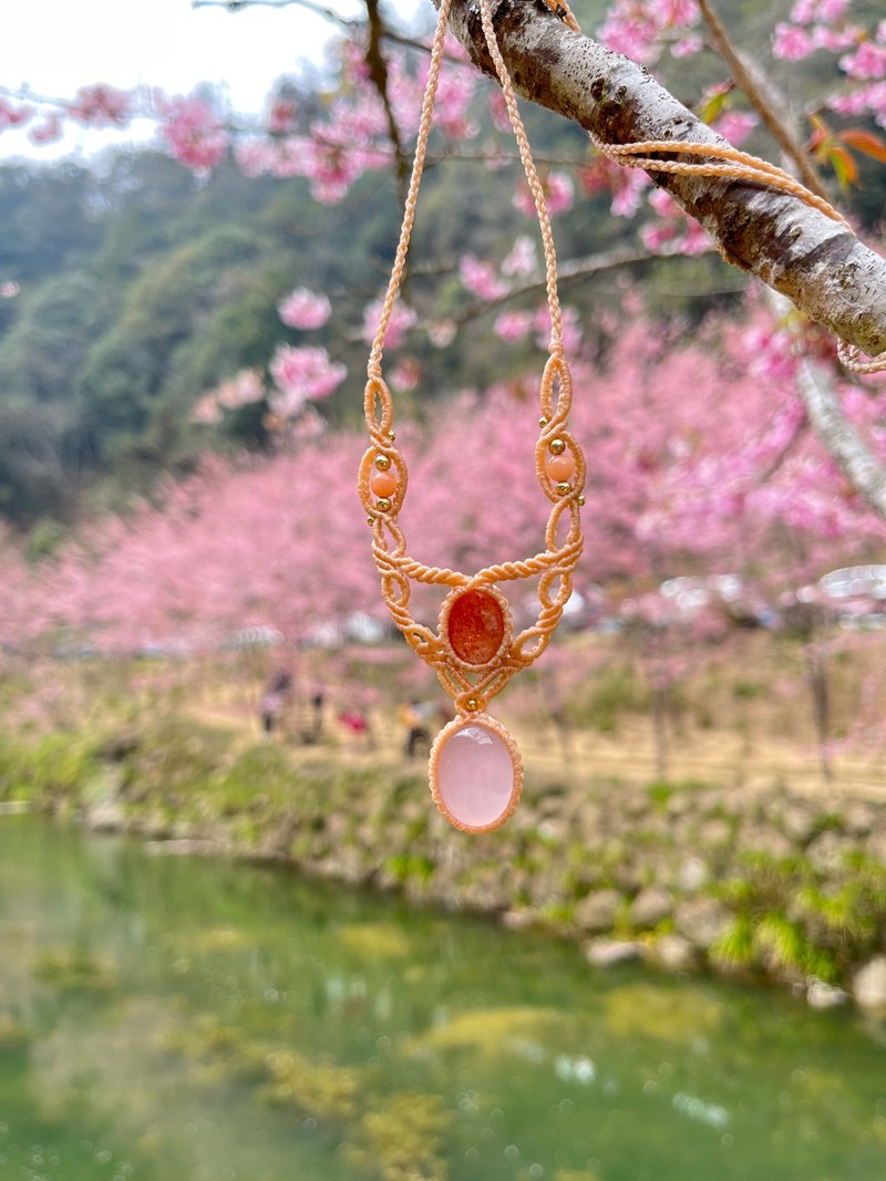 粉晶、太陽石  macrame 蠟線編織項鍊 - 手鍊/手環 - 寶石 粉紅色