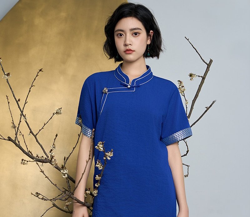 松風 新中式復古藏服 改良流蘇長裙 - 洋裝/連身裙 - 其他材質 藍色
