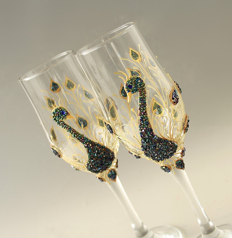 Champagne Glasses Peacpck Wedding Hand Painted set of 2 - Bar Glasses & Drinkware - Glass Gold