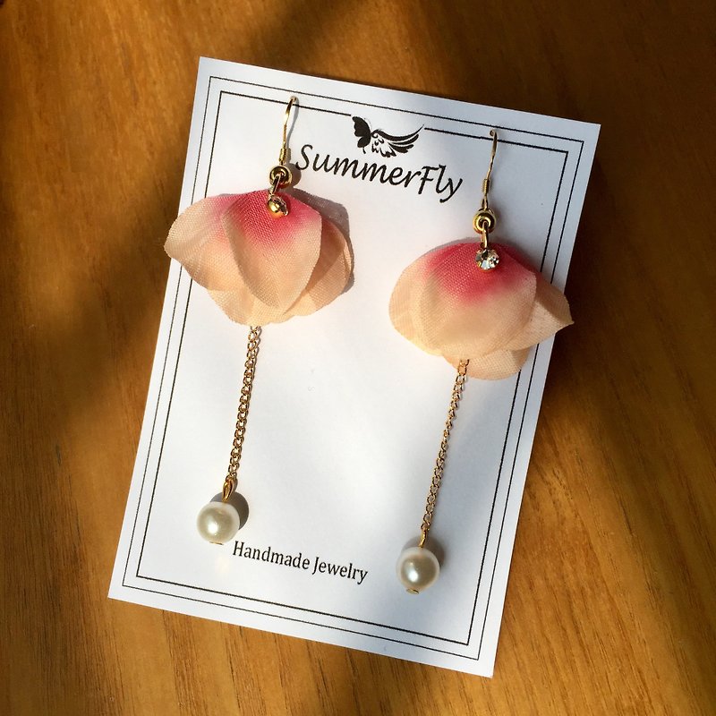 pink orange flower petal pearl long dangle earrings birthday Valentine gift  - Earrings & Clip-ons - Plants & Flowers Gold