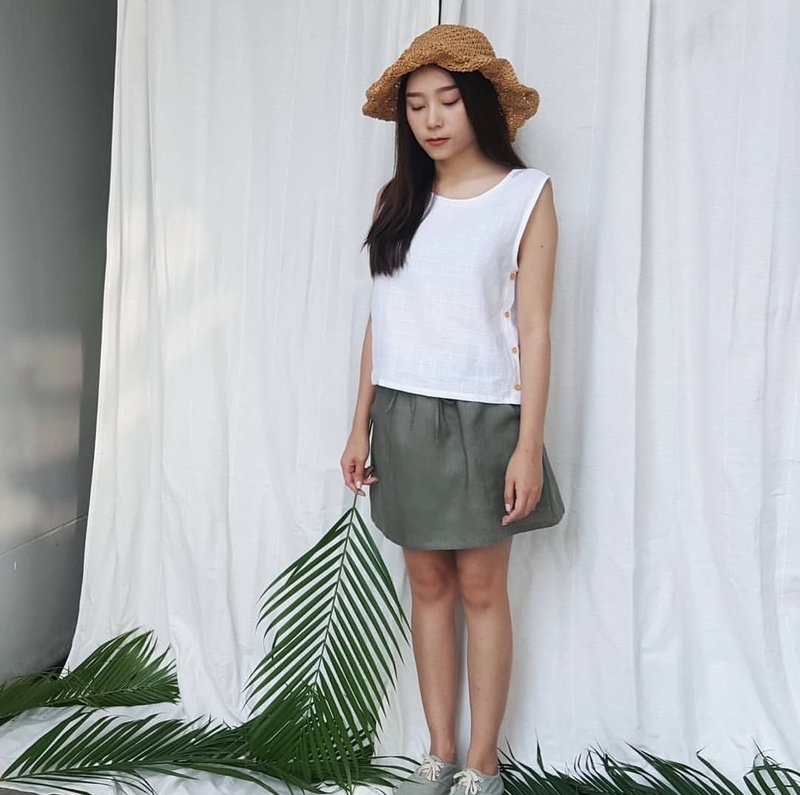 Linen Short Skirt - Olive - 裙子/長裙 - 棉．麻 綠色