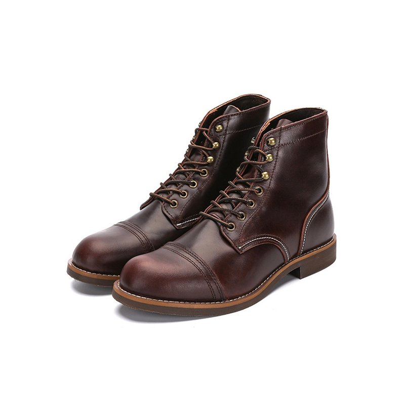 Vintage Oil Genuine Leather Boots Punk For Men Cowhide Mid-Cut Shoes - รองเท้าหนังผู้ชาย - หนังแท้ สีนำ้ตาล