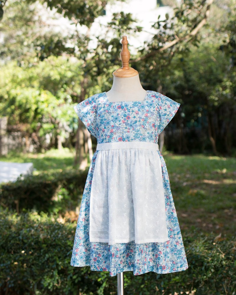Girls' floral dress with apron - กระโปรง - ผ้าฝ้าย/ผ้าลินิน สีน้ำเงิน