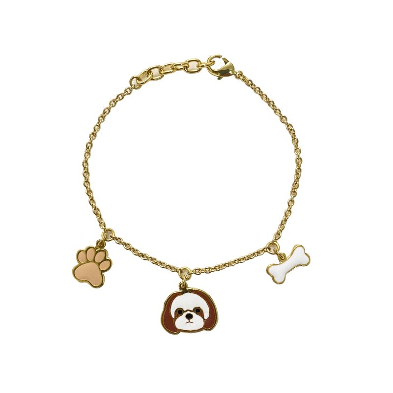 Bracelet 3 Pendants - Shih Tzu with paw and bone - Bracelets - Precious Metals Brown