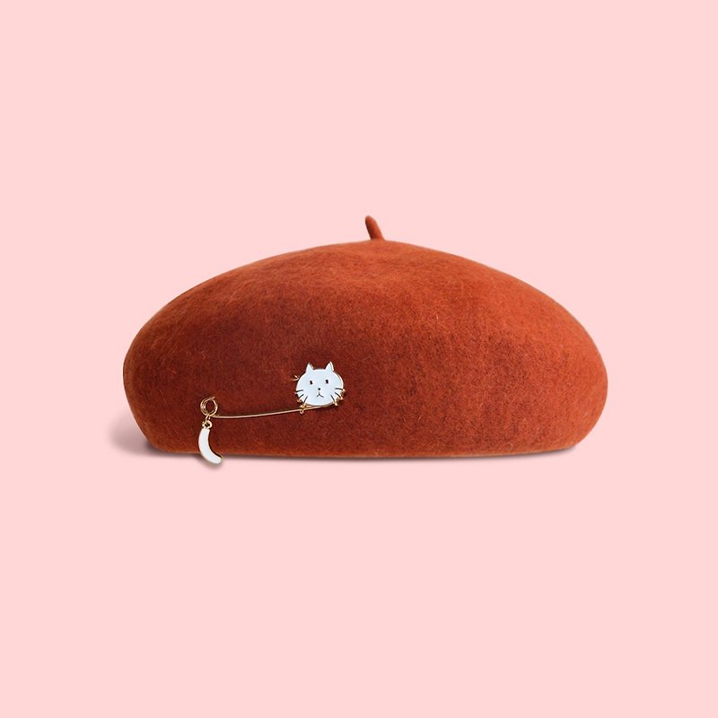 可愛貓咪貝雷帽 森系文藝畫家帽 復古毛呢帽子 禮物 - 帽子 - 羊毛 橘色