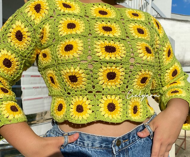 Sunflower crochet long sleeve crop top - Shop cielyarn Women's Tops - Pinkoi