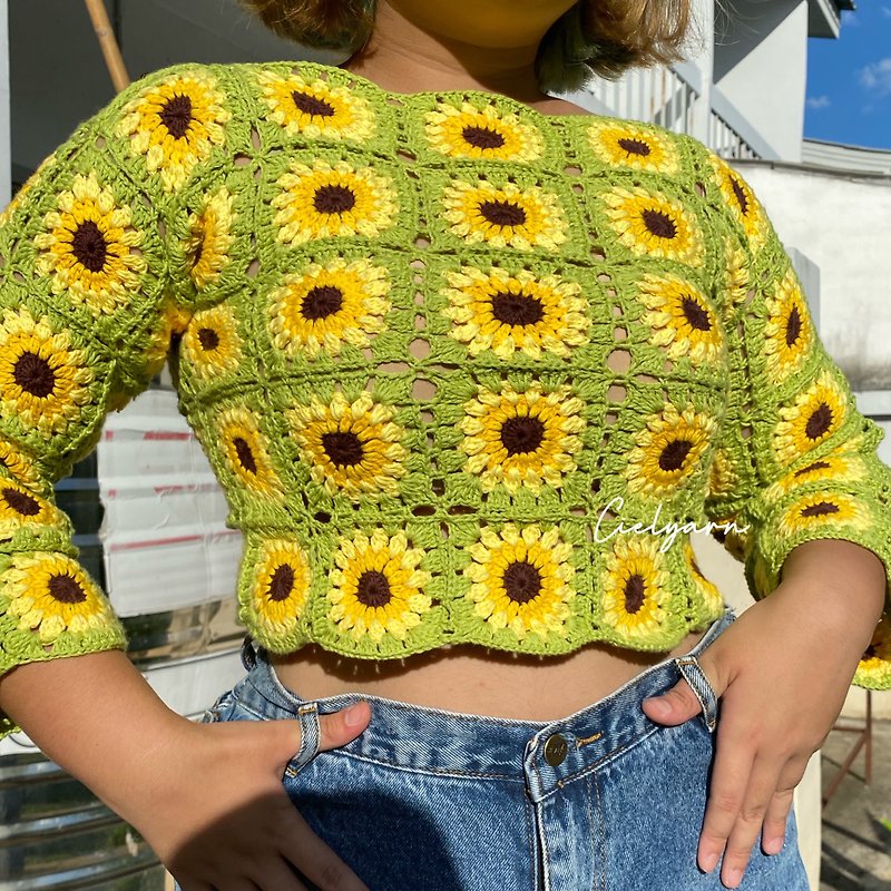 Sunflower crochet long sleeve crop top - Women's Tops - Other Materials 