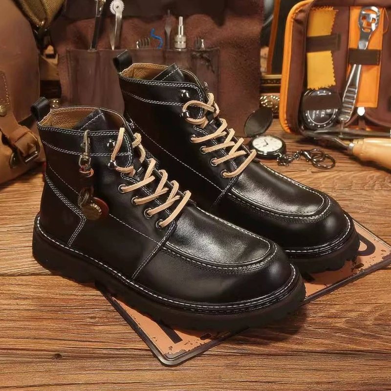 American Retro Genuine Leather Men Shoes High Top Martin Boots Workwear Boots - รองเท้าหนังผู้ชาย - หนังแท้ สีดำ