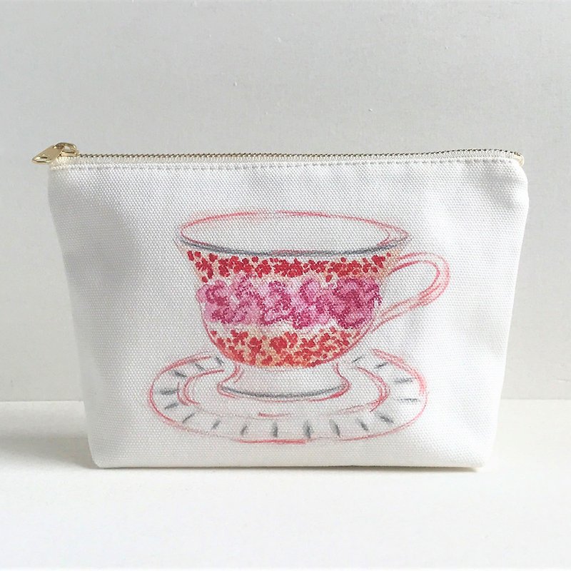 Gardener's Tea Party Gusseted Pouch Cup and Saucer Pattern Pink - กระเป๋าเครื่องสำอาง - ผ้าฝ้าย/ผ้าลินิน สึชมพู