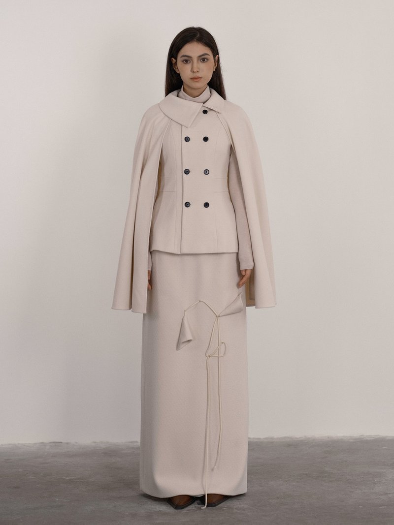 法式復古 / 雙排扣收腰披肩斗篷 / 半裙套裝 - 女大衣/外套 - 其他材質 