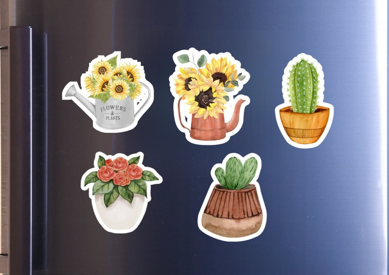 Fridge Magnet Set or Sticker Set - Indoor Plant Fridge Magnet Set - 5 Pieces - Watercolor Garden - Magnets - Other Materials Multicolor