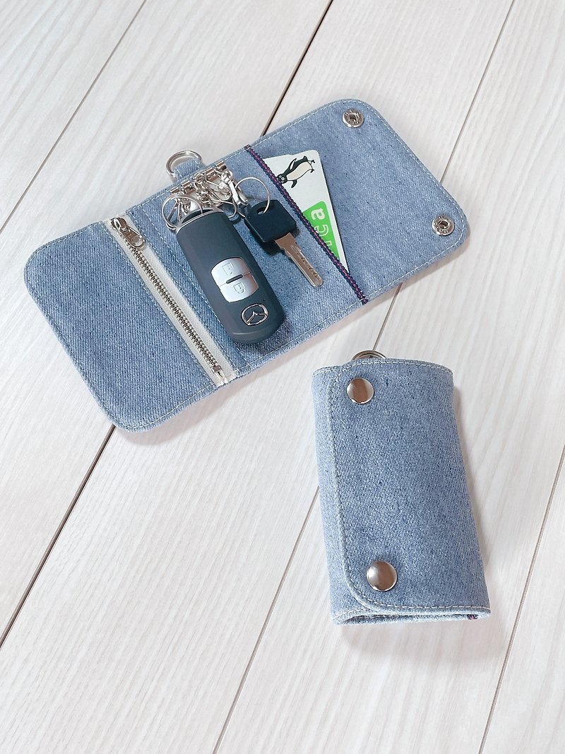 岡山リサイクルデニム　三つ折りキーケース 　4連　スマートキーケース　カードケース　コインケース　アップサイクル - 鑰匙圈/鎖匙扣 - 棉．麻 藍色