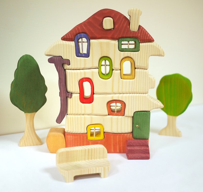[Selected Gift] Chunmu Fairy Tale Russian Building Block Building Game Series: Log Cabin - ของเล่นเด็ก - ไม้ สีแดง