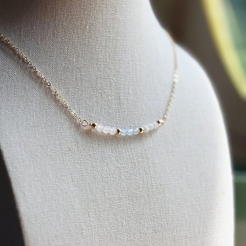 Rose Quartz Aquamarine Moonstone 3MM Natural Stone Crystal Necklace (One with Box) Gift - สร้อยคอ - โลหะ สึชมพู