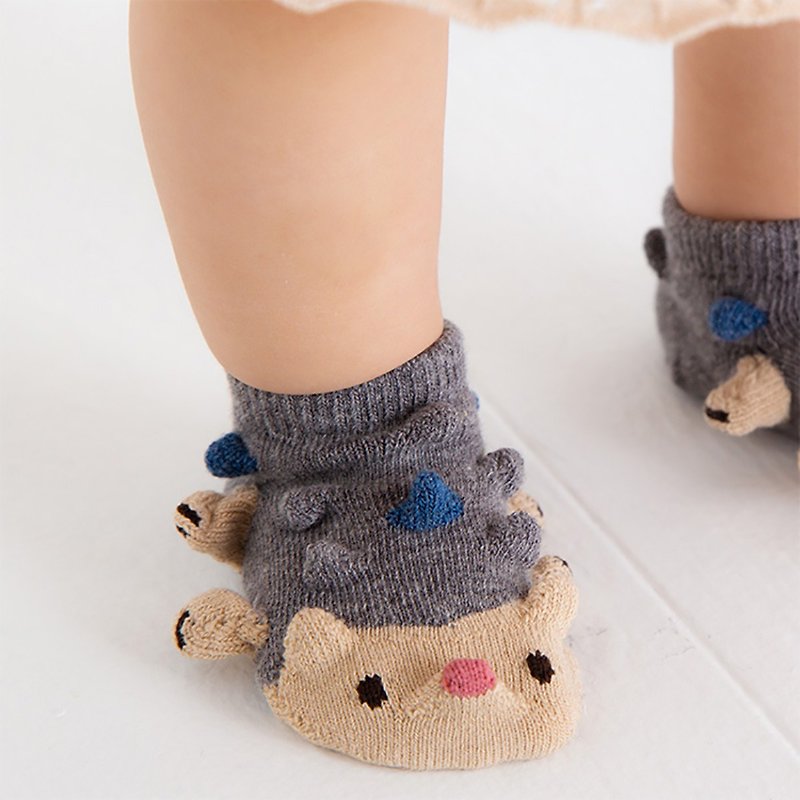 動物造型立體嬰兒襪 - 刺蝟 XS 9~12cm - 嬰兒襪子 - 棉．麻 灰色