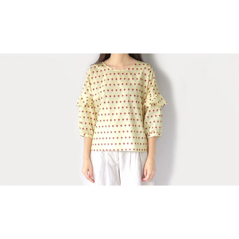 Yellow batwing sleeve shirt with flower lover pattern - Women's Tops - Cotton & Hemp Yellow