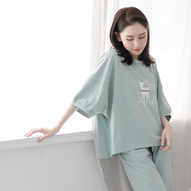 MIT有機棉飛鼠五分袖居家服-麻花綠 - 睡衣/居家服 - 棉．麻 綠色