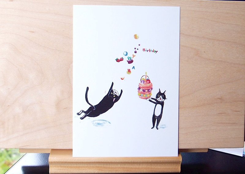 貓咪插畫明信片-Happybirthday划一跤的喵 - 卡片/明信片 - 紙 白色
