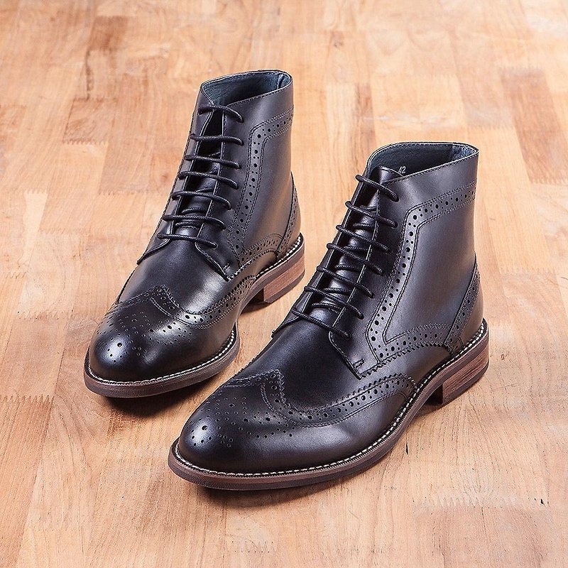 Vanger 英仕復古翼紋雕花中筒靴 - Va243黑 - 男款休閒鞋 - 真皮 黑色