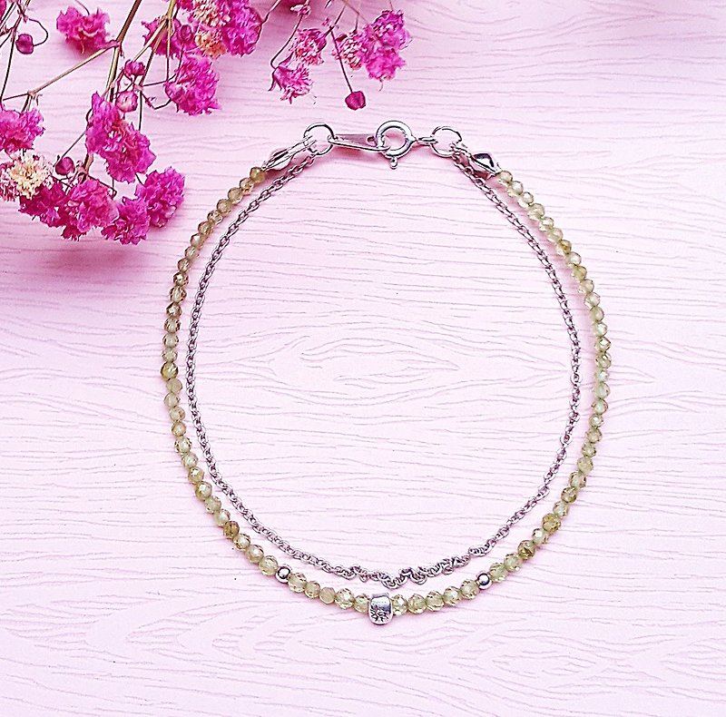 <August birthstone - Stone Olivine> olive Stone 925 silver double bracelet Tanabata custom - Bracelets - Crystal Green