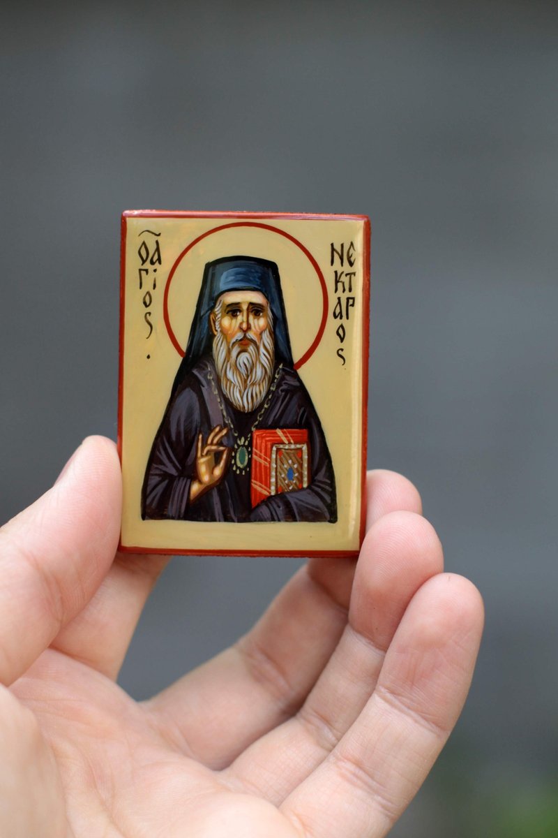 hand painted orthodox wood icon Saint Reverend holy venerable Nektraios Aegina - อื่นๆ - ไม้ สีกากี