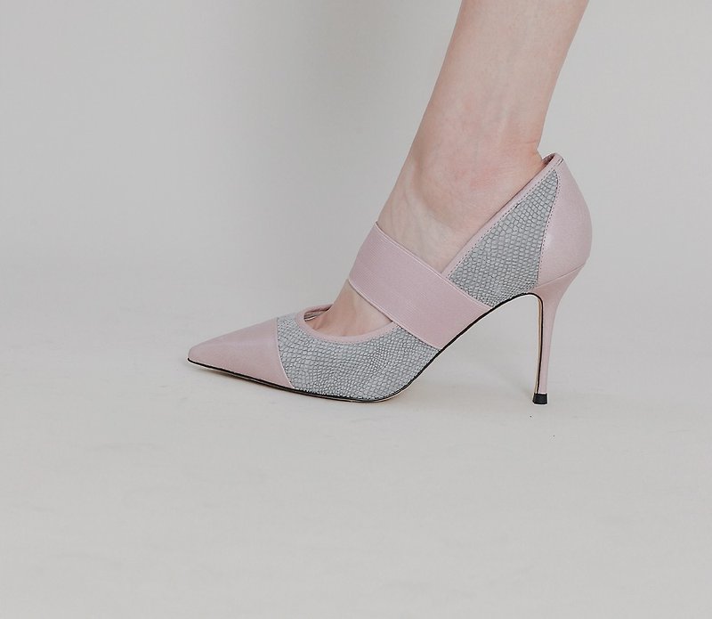 Elegant stitching bandage leather high heels gray powder - รองเท้ารัดส้น - หนังแท้ สีเทา