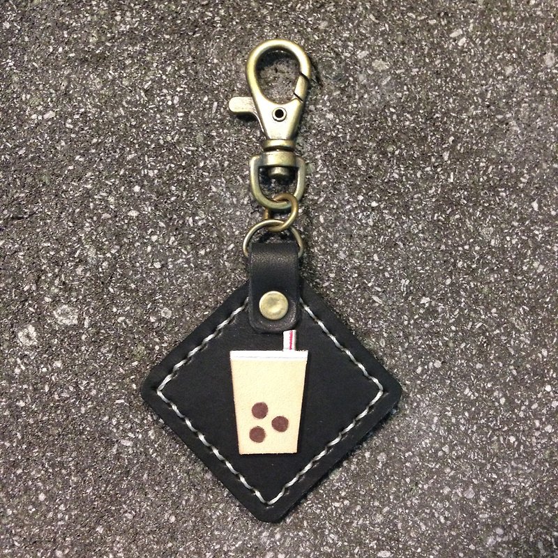 [Xuan Leather election. Leather] Leather Food series [pearl milk tea] Universal Strap keychain KEYRING - Keychains - Genuine Leather Black