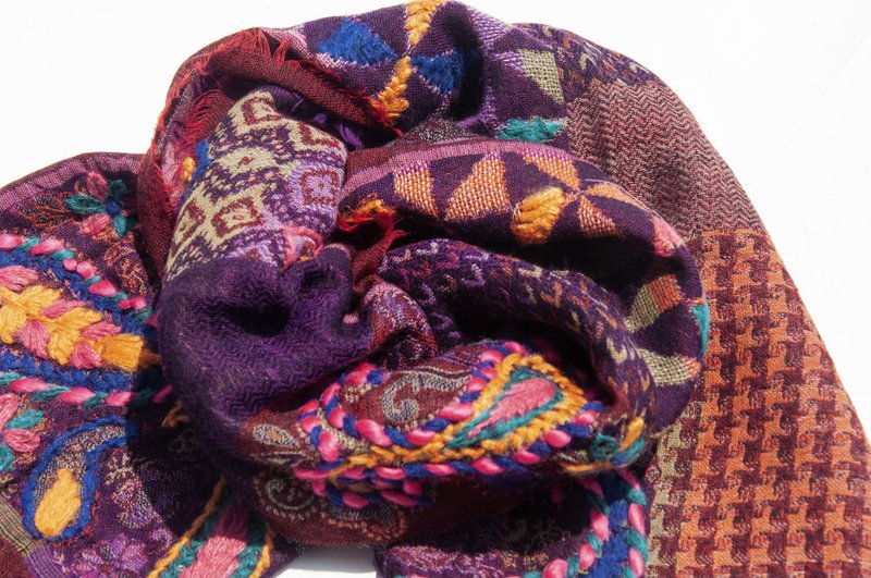 喀什米爾Cashmere/水煮羊毛披肩/針織圍巾/刺繡圍巾/羊絨披巾-花 - 圍巾/披肩 - 羊毛 多色